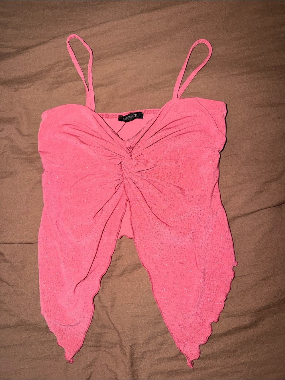 Sparkly Pink Twist Front Spaghetti Strap Top